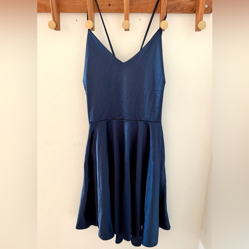 NWT Windsor Navy Blue Satin Cross-Back Dress Size M